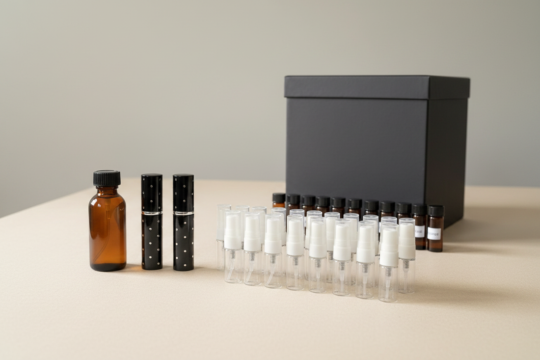 Natural perfume making kit with organic grape alcohol, amber vials, clear spray atomizers, scent strips and kraft box by JoAnne Bassett