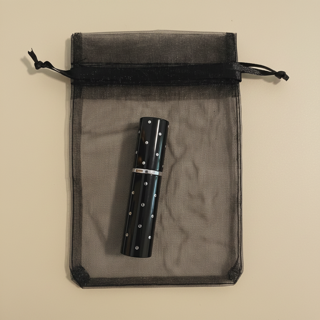 Black Atomizer on Organza Bag - Warm Cream Background