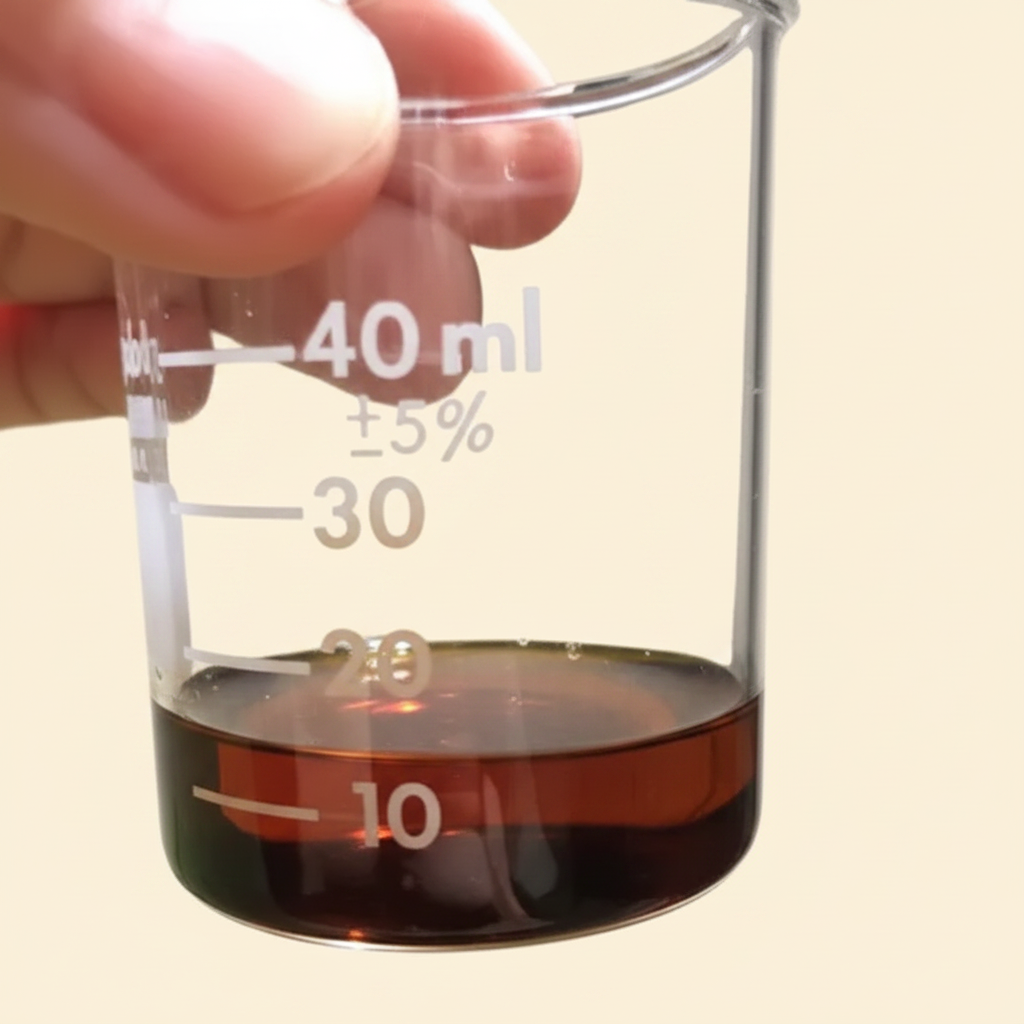 Dark Amber Beaker Held - Warm Cream Background