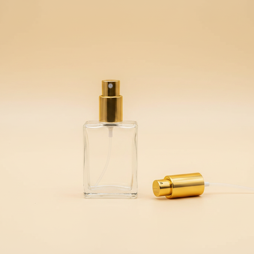 Disassembled bottle warm cream background