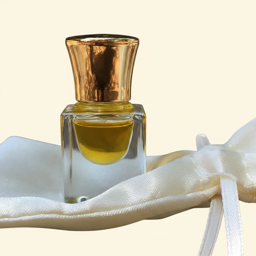 Gold Cap Bottle on Satin Pouch - Warm Cream Background