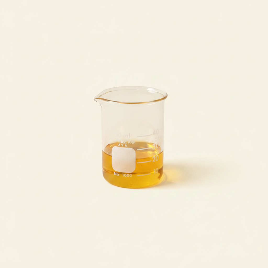 Pyrex Beaker with Golden Oil - Warm Cream Background