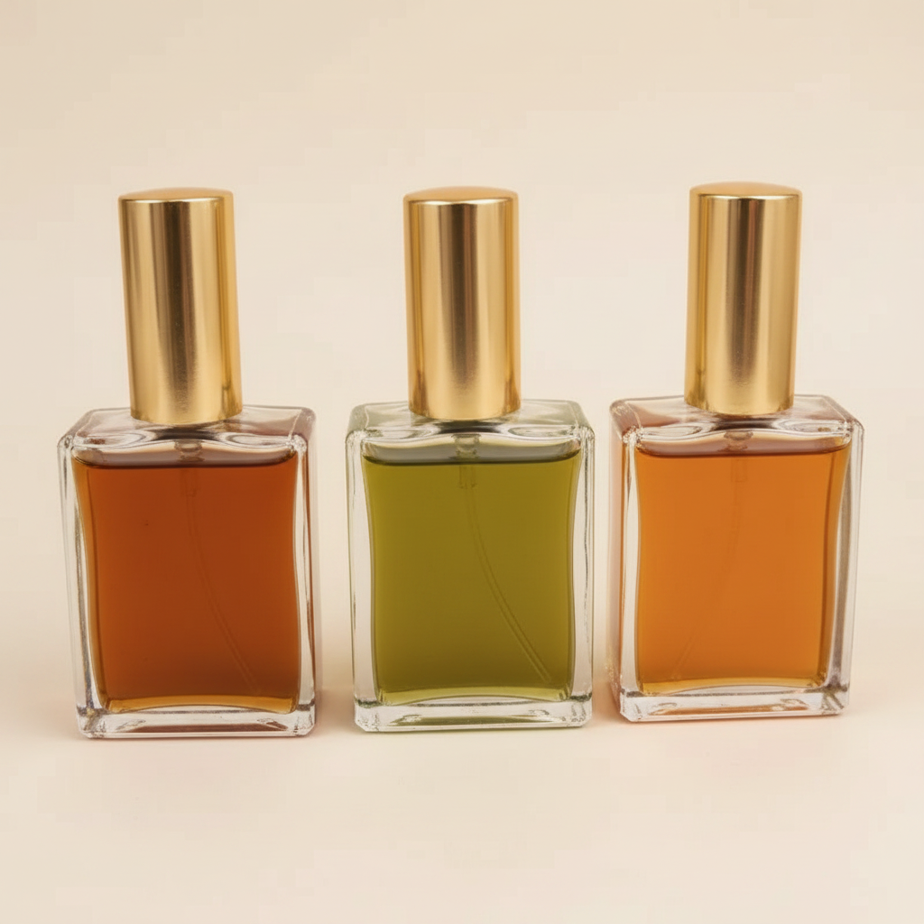 Three Gold Cap Bottles - Warm Cream Background